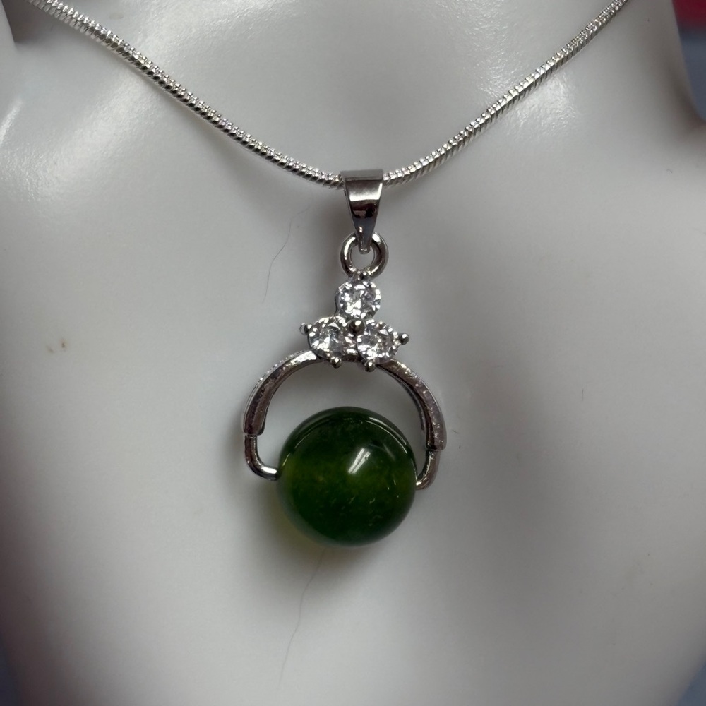 NATURAL Green Jadeite Jade Diamond Pendant Stamped 925 Sterling Silver Necklace - Picture 4 of 8